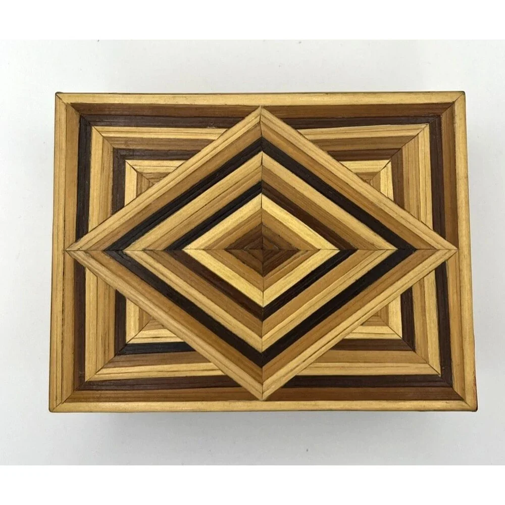 Handmade Bamboo Wood Inlaid Trinket Jewelry Box Geometric Marquetry Boho 6